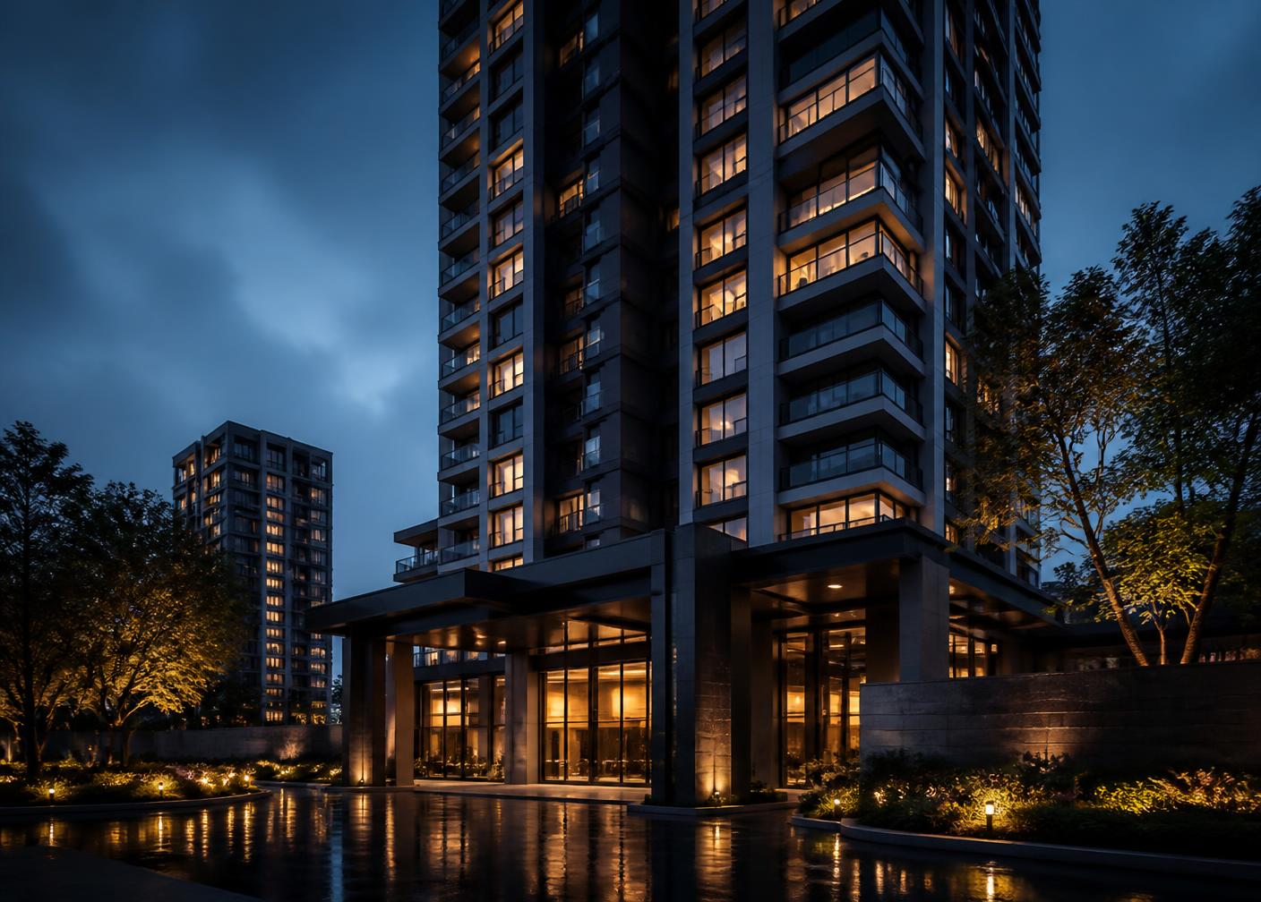 Empreendimento imobiliário de alto padrão iluminado ao entardecer